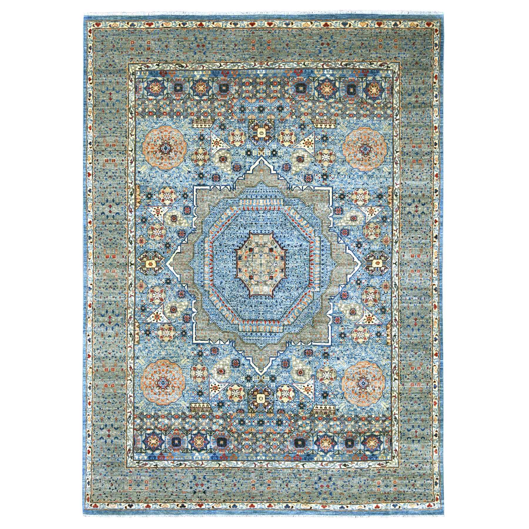 8'10"x12'2" Carolina Blue, 14th Century Mamluk Dynasty Pattern with Star Medallion Design, Hand Knotted, High Mountain Wool, Vegetable Dyes, Oriental Rug 